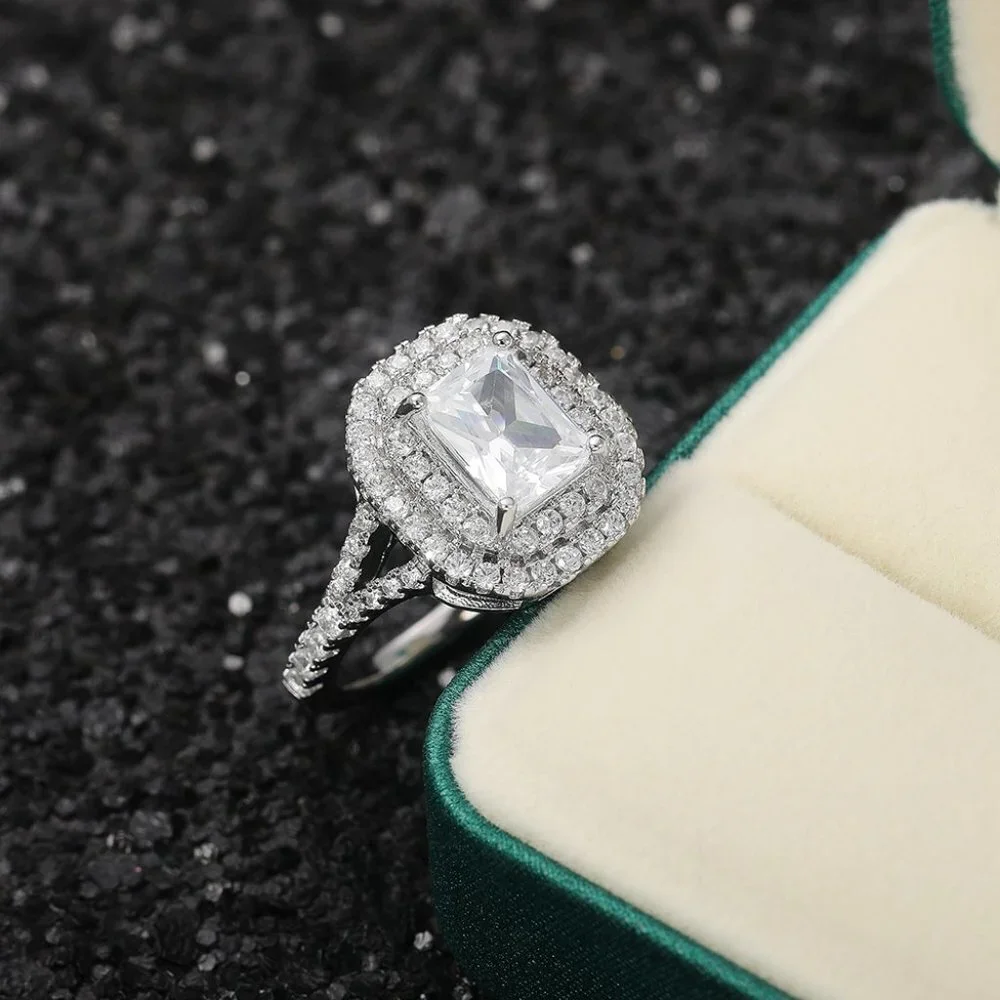 🌸DOUBLE LAYER 14K WHITE GOLD RADIANT CUT PURE CZ LUXURY WEDDING RING, K856_6